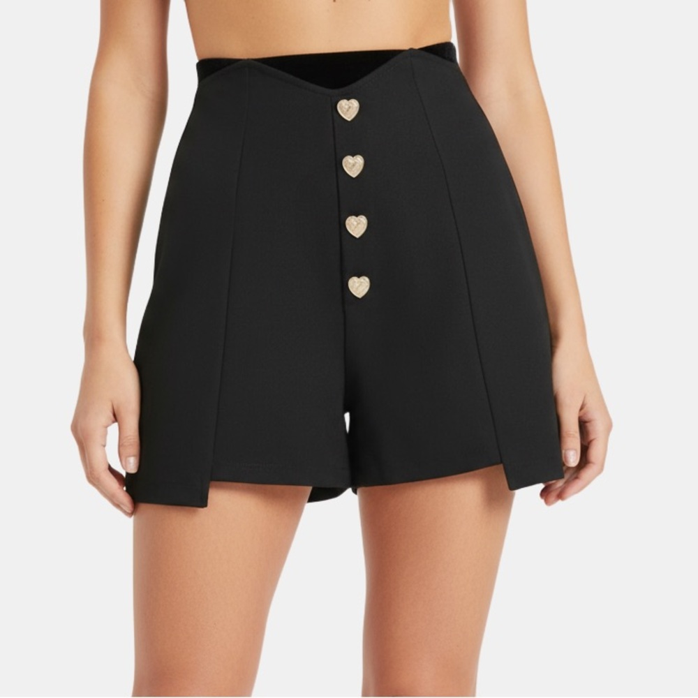 Black High Waisted Button Front Asymmetrical Waistband Shorts Gold Heart Buttons